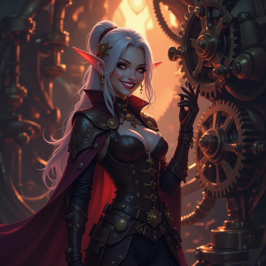 Steampunk Drow Elf with Mischievous Smile