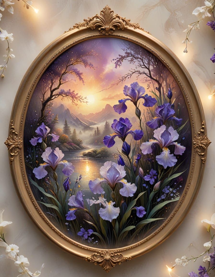 Ethereal Alcohol Ink Art: Iris Flowers in Gold Frame