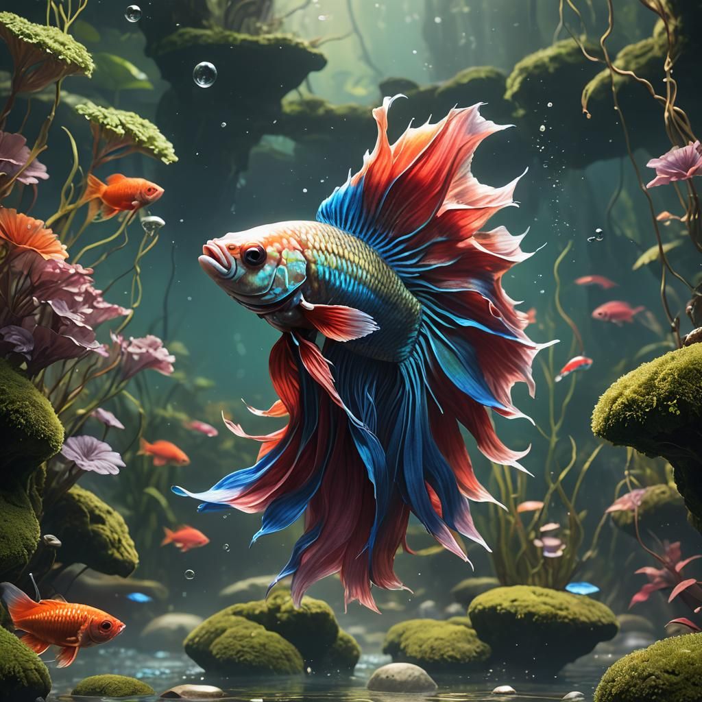 Colorful Betta Fish in Mossy River, 3D Render