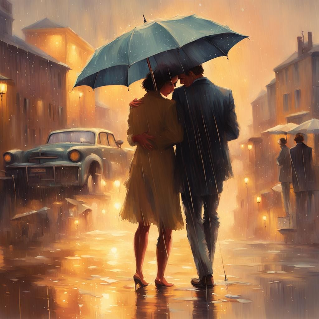 Romantic Couple in Summer Rain, Jack Vettriano Style