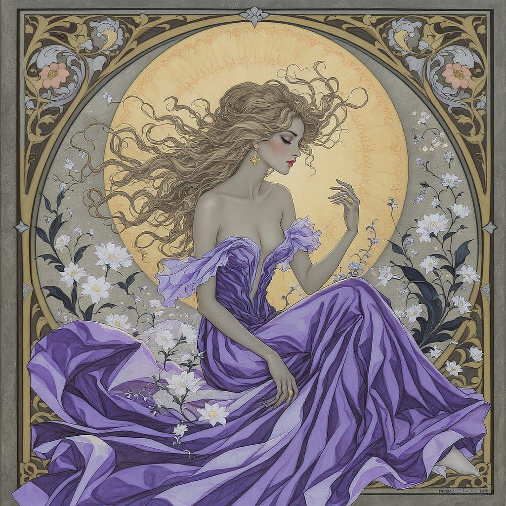 Art Nouveau Woman in Blue Dress Among White Flowers