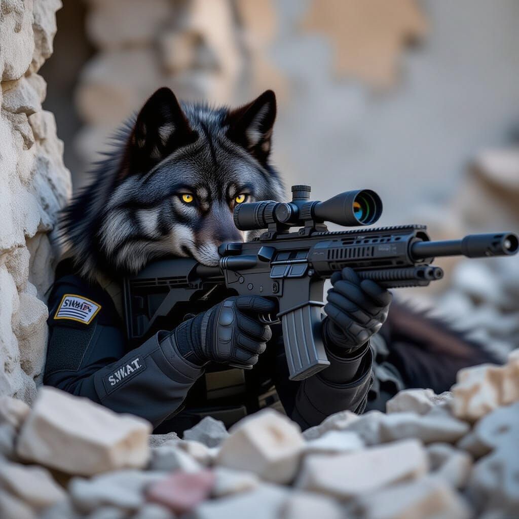 Anthropomorphic Wolf Sniper Takes Aim in Rubble