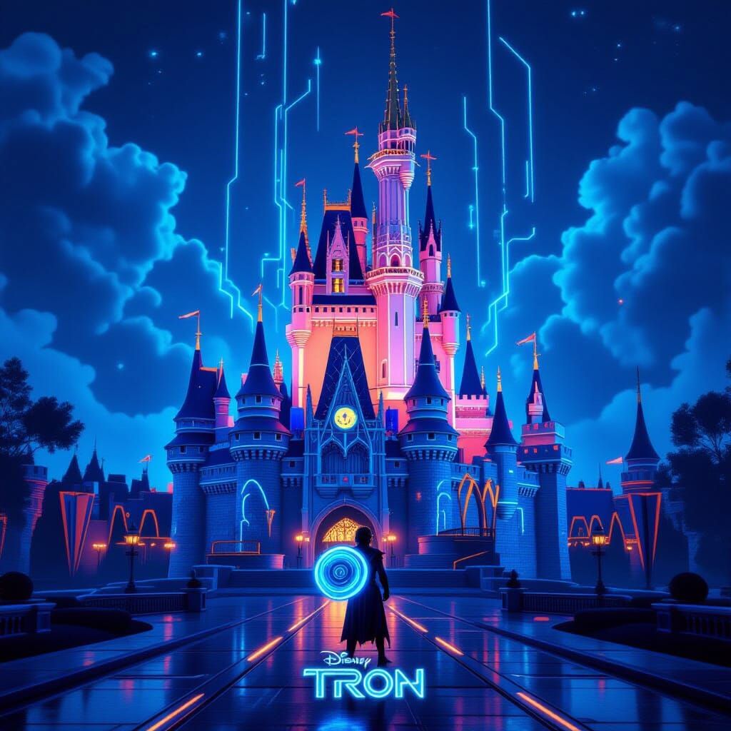 Disney Castle Reimagined with Tron's Neon Grid Aesthetic
