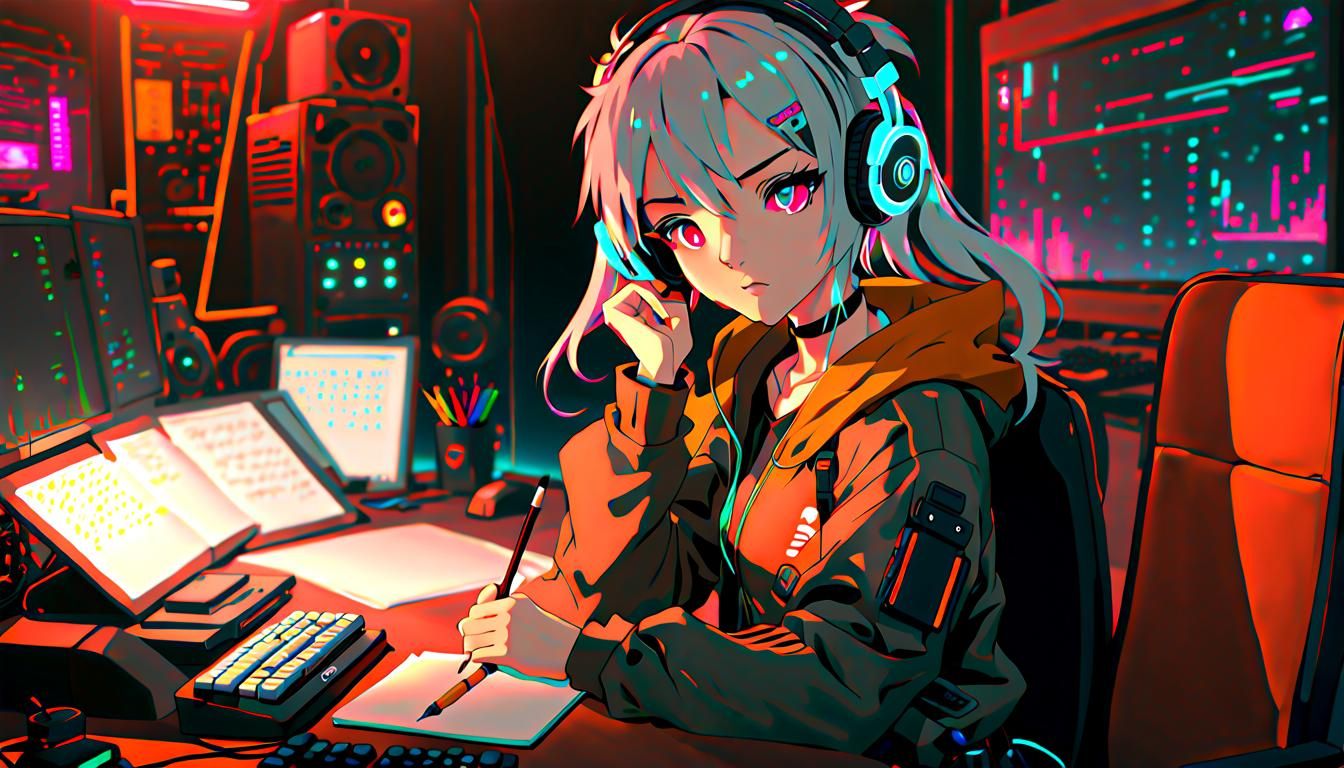 Cyberpunk Girl Writing at Desk in Anime Style