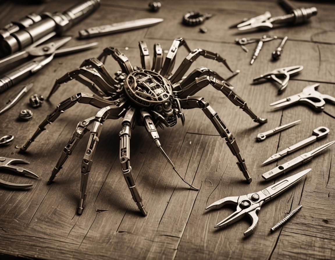 Disassembled Mecha-Spider on Table in Sepia Tones