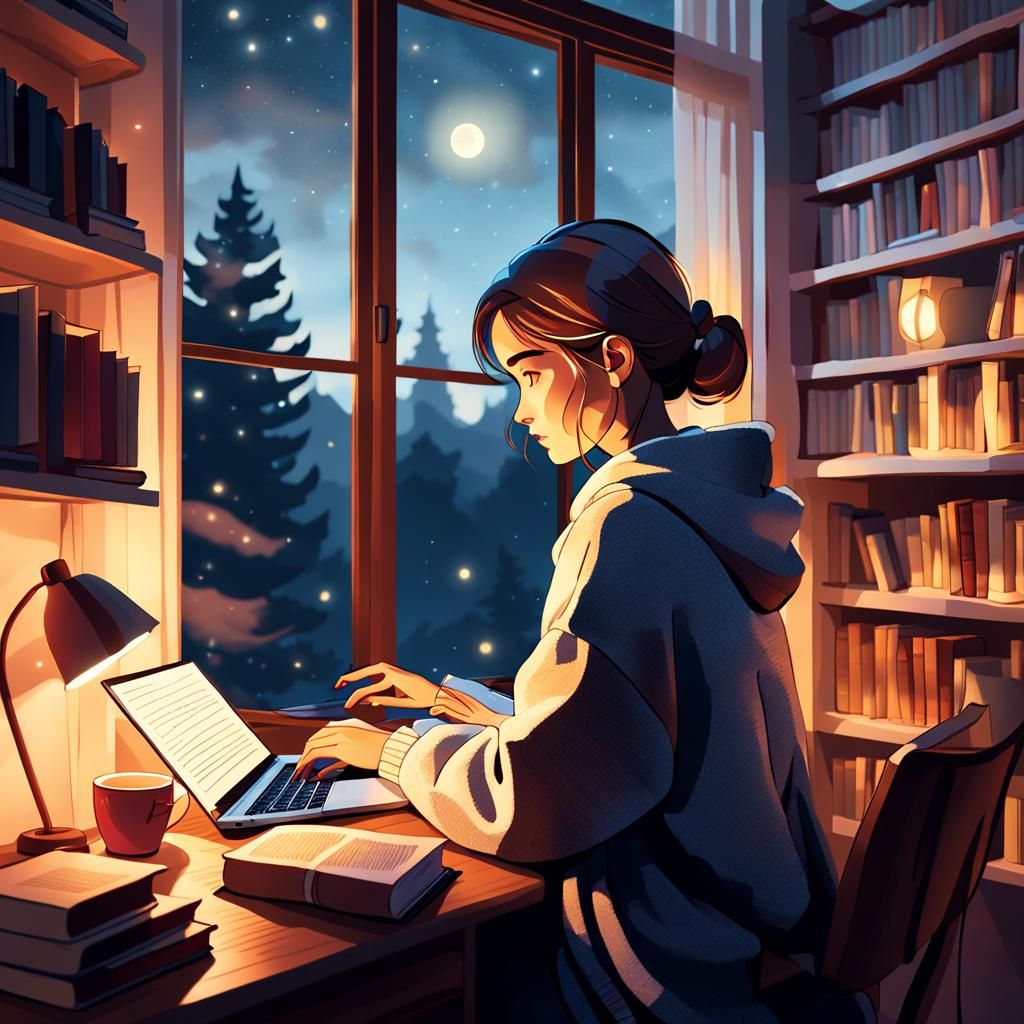 Cozy Nocturnal Study Nook with Woman at Window