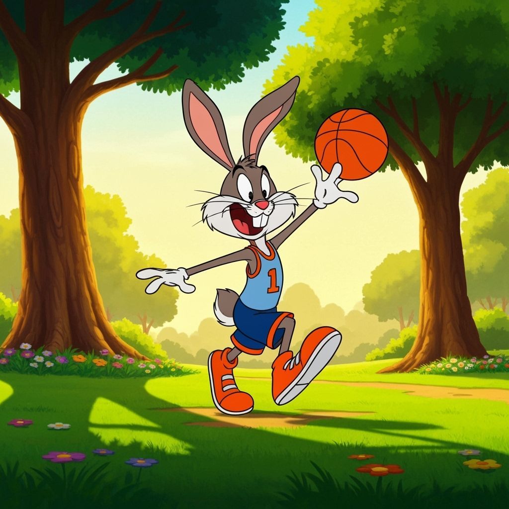 Rabbit Plays Basketball in Warner Brothers Cartoon Style