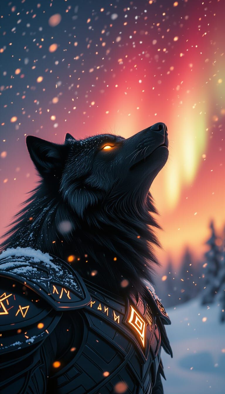 Black Wolf Howling Under Red Aurora in Snowstorm