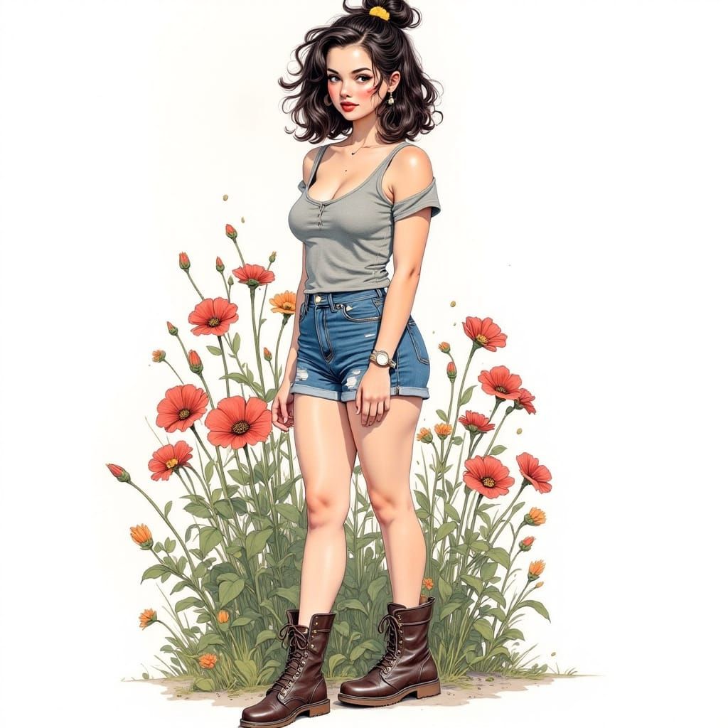 Inky Airbrush Illustration: Curvy Woman in Casual Style