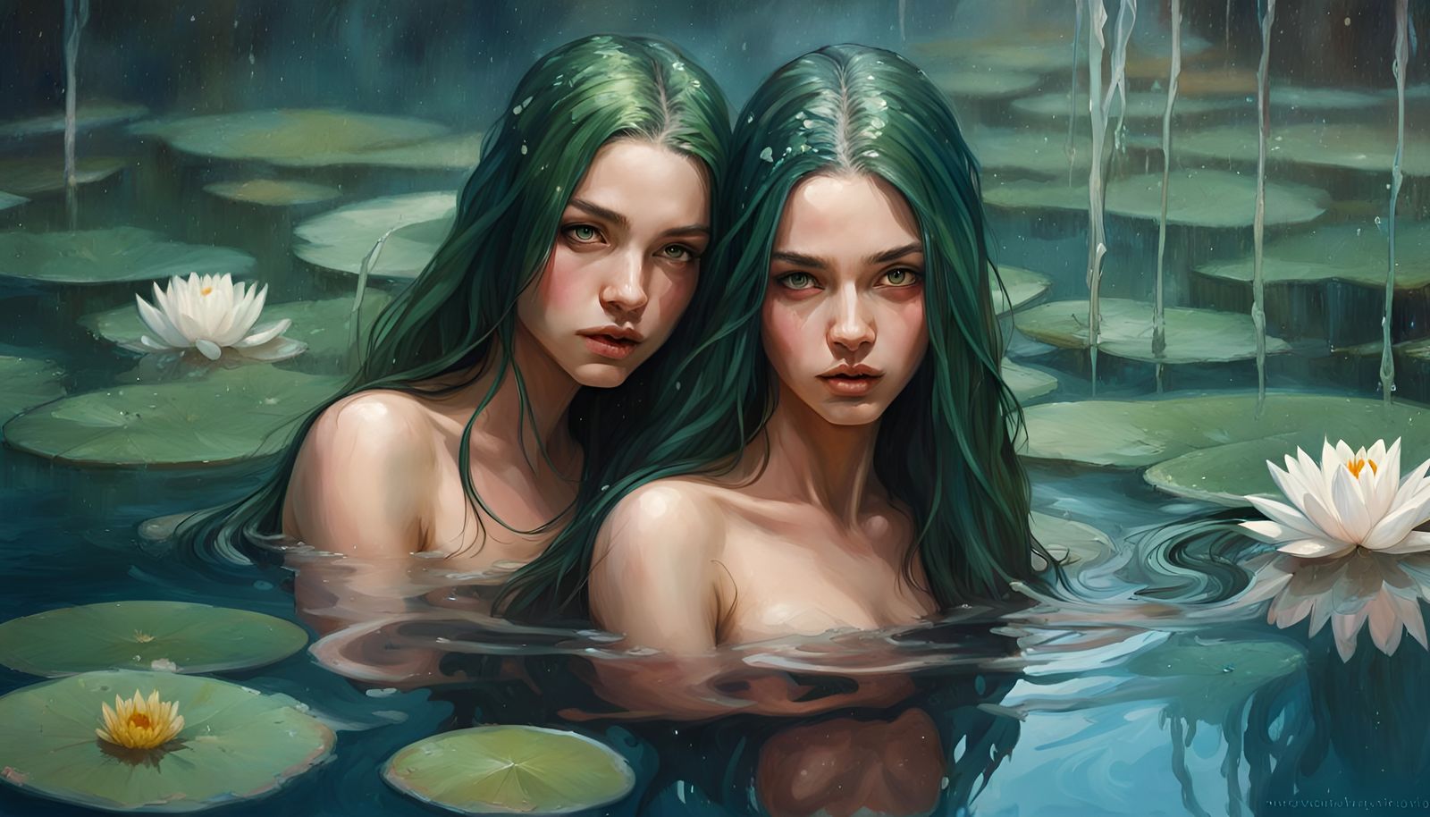 Two Beautiful Girls in Water Lily Pool
