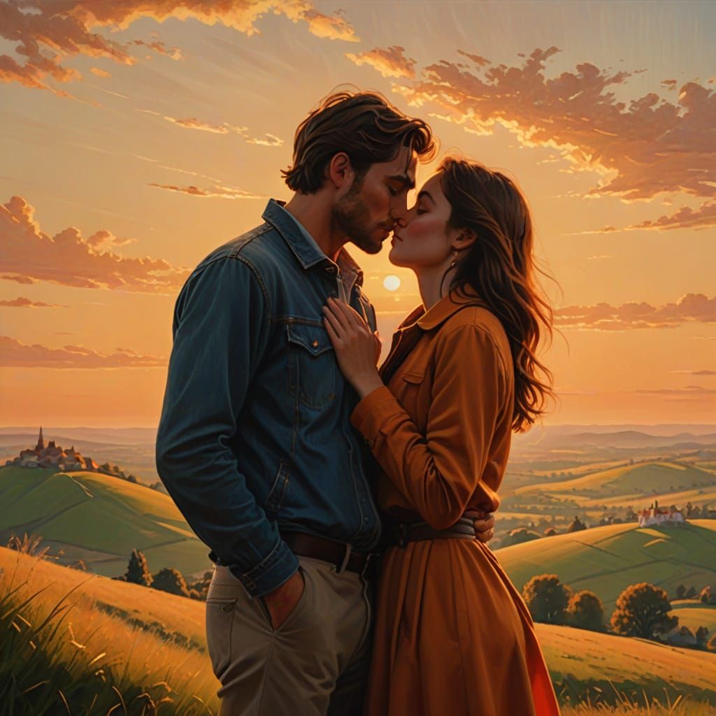Romantic Hillside Kiss: Warm Oil Painting Sunset