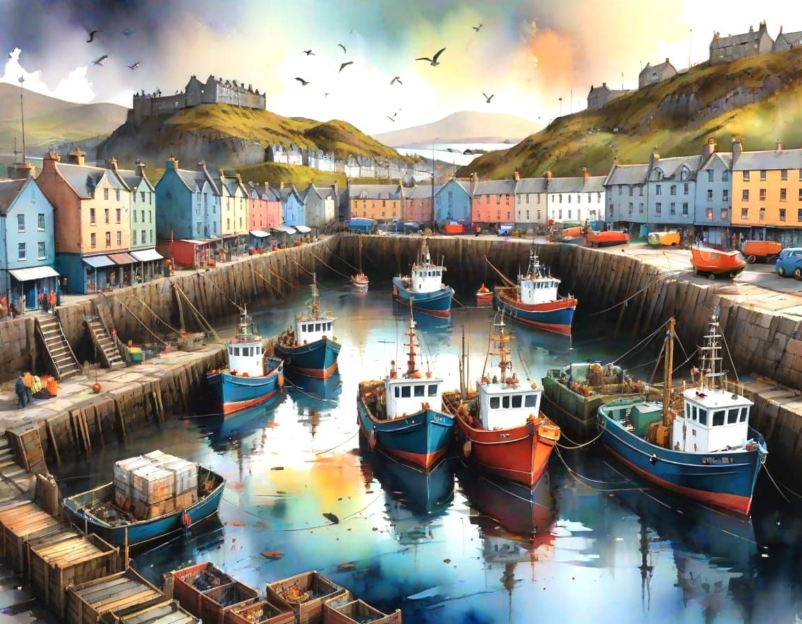Bustling Oban Harbor: Colorful Trawlers in Watercolor Style