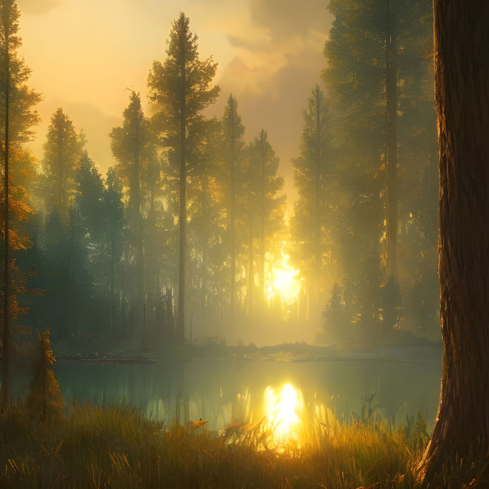 Sunset Pine Forest Lake: Hyperdetailed Concept Art