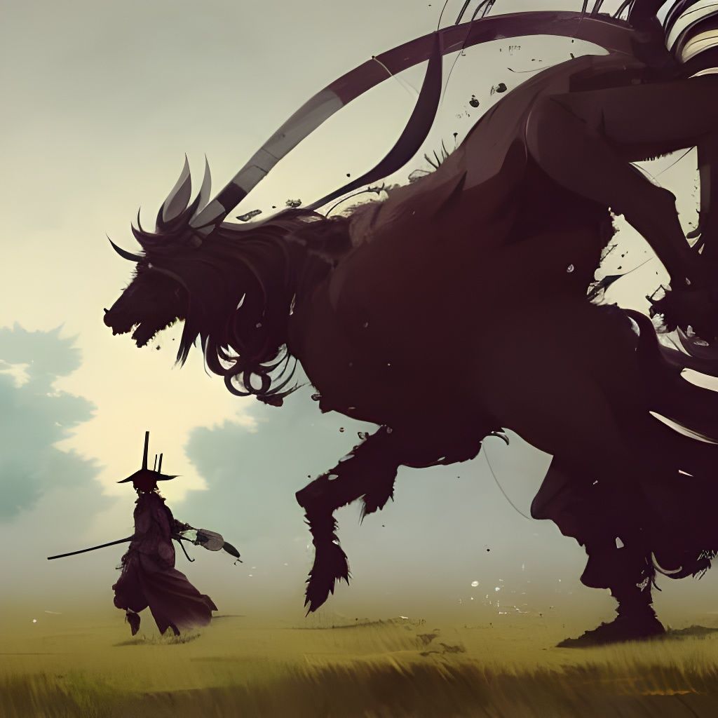 Samurai and Shadow Beast in Windswept Fields