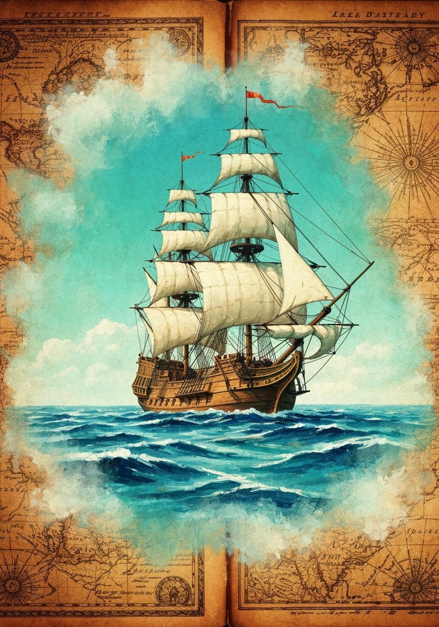 Ship Sails Globe in Watercolor Oil Painting Style