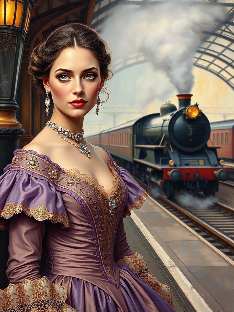 Elegant Woman at Victorian Train Station in London
