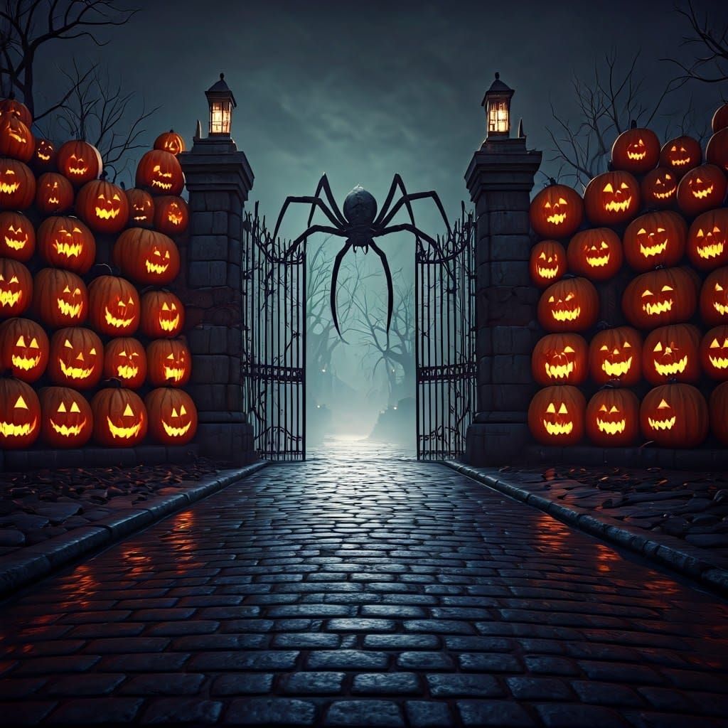 Hyperrealistic Haunted House Behind Jack-o-Lantern Wall