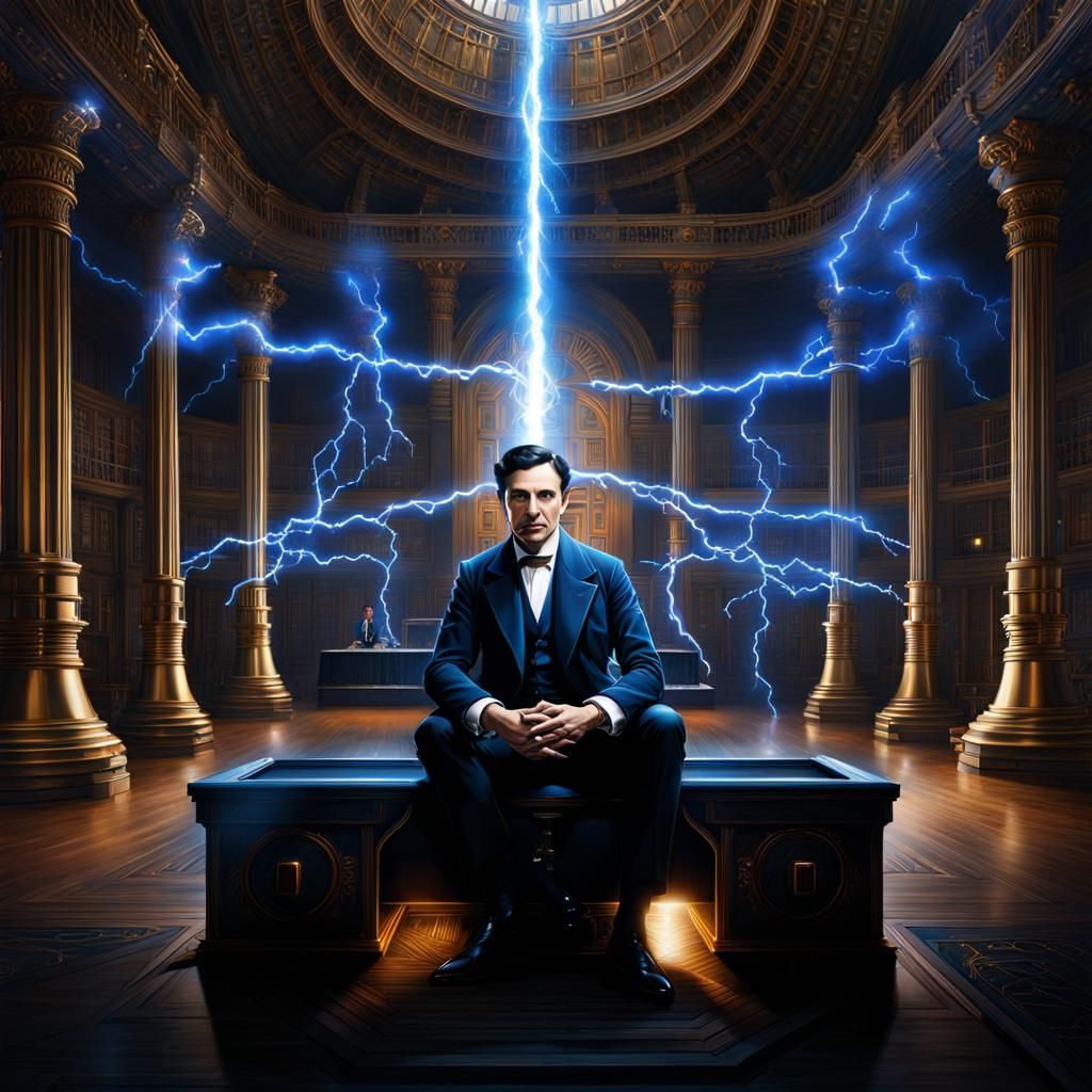 Nikola Tesla Portrait with Tesla Coil in Spotlight