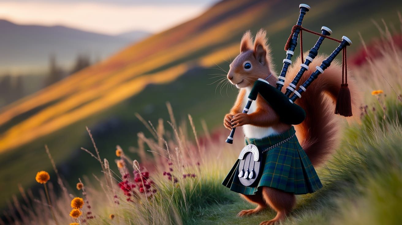 Squirrel in Kilt Playing Bagpipes on Scottish Hillside