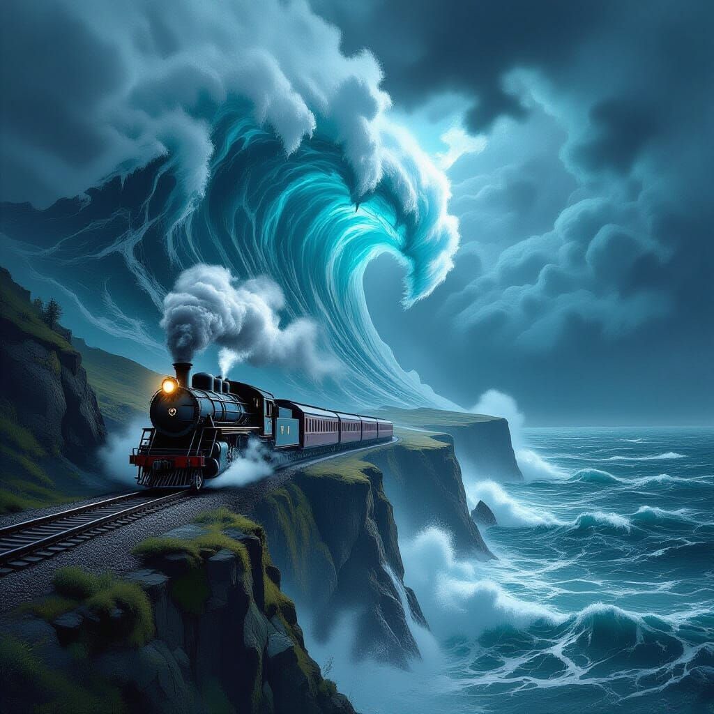 Steam Train on Cliff Edge Above Turbulent Sea with Ghostly T...