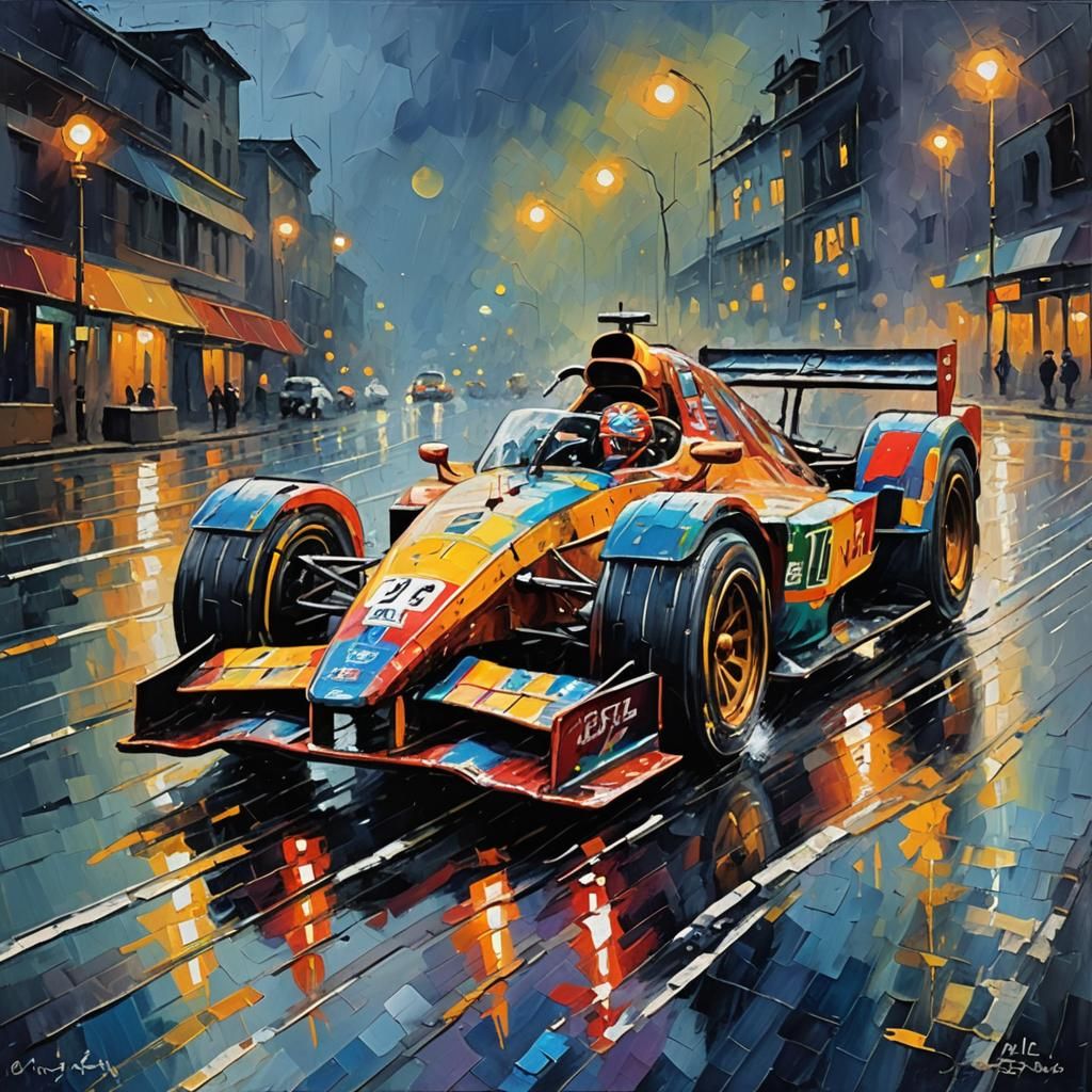 Racing Car on Rainy Night: Expressionist Oil Painting