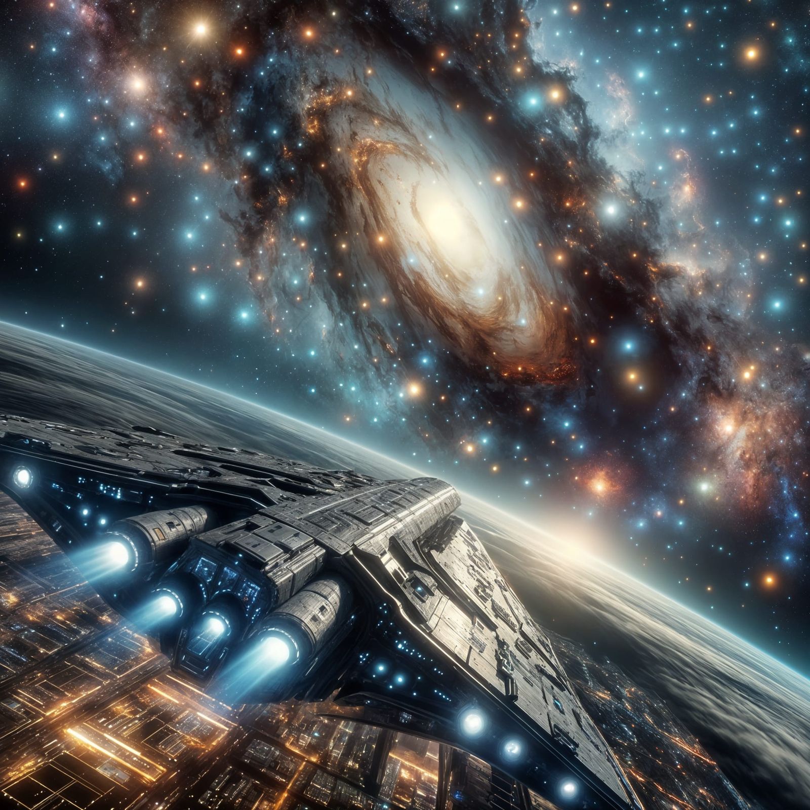 Futuristic Spaceship Explores Cosmic Galaxy