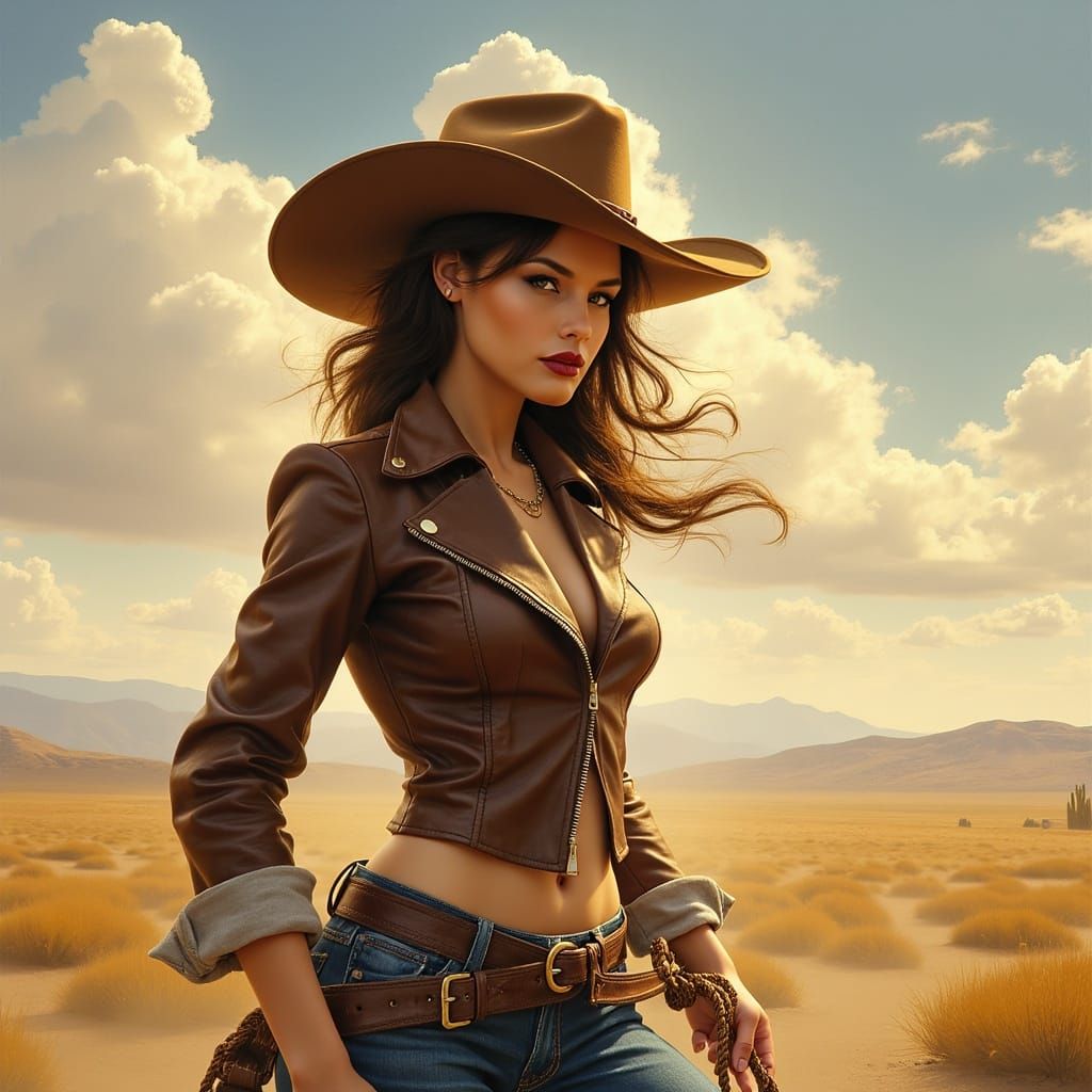 Surreal Western Goddess with Lasso in Sunlit Landscape