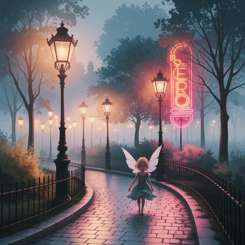 Pixie in Misty Urban Park: Watercolor Painting