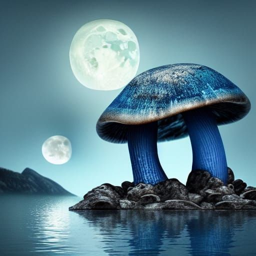 Glowing Blue Mushroom in Lake at Dawn