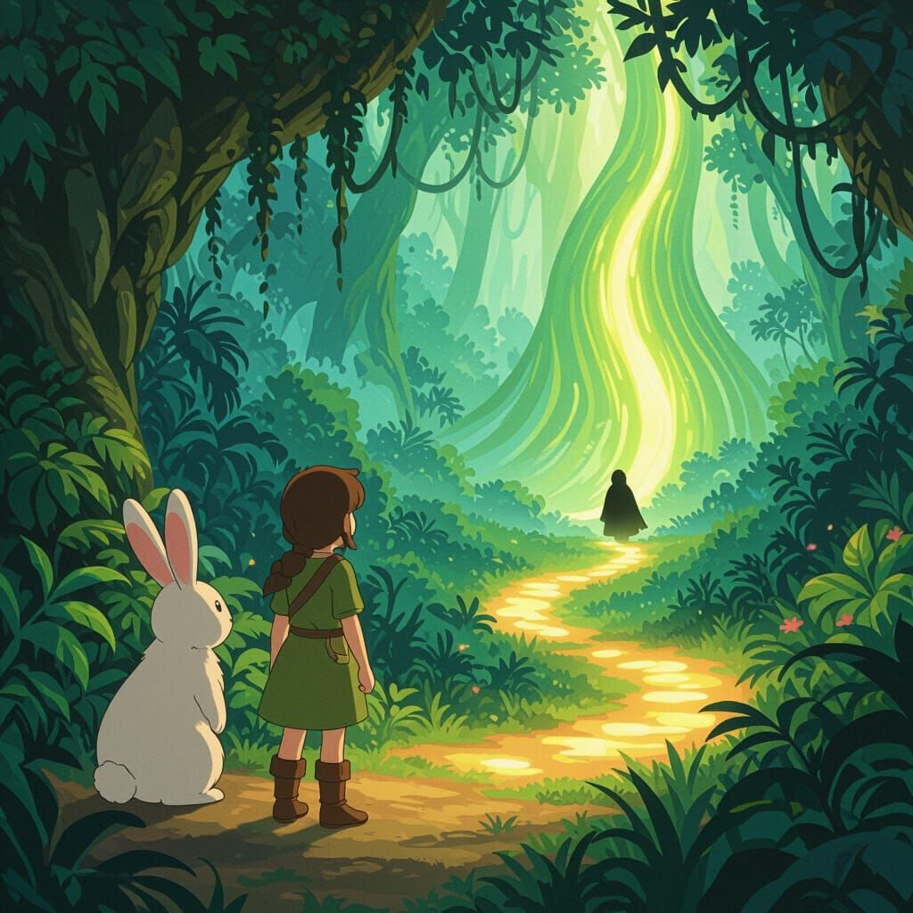 Girl and Giant Bunny Enter Magical Jungle on Glowing Path