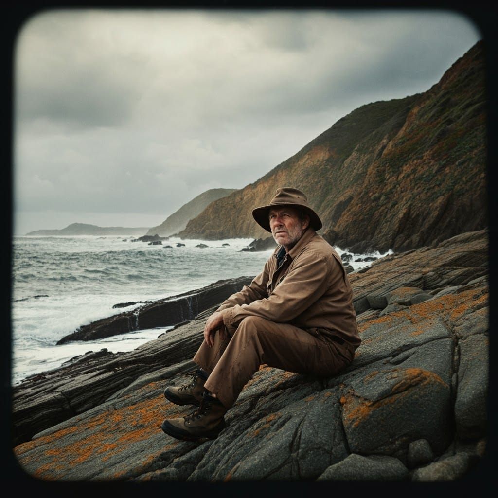 Geologist Contemplates Rugged Coastline as Cinematic Still