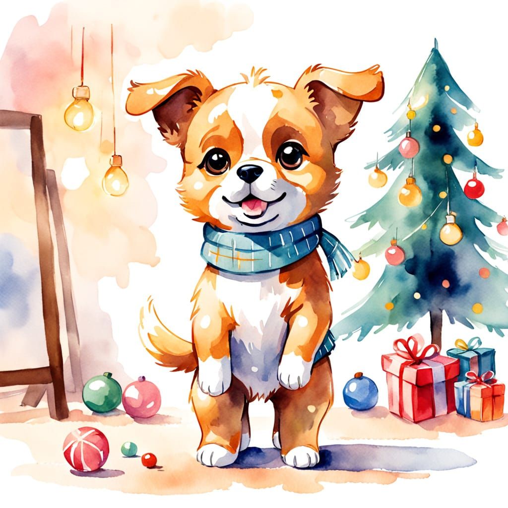 Cute Toy Dog Cub Holding a Toy in Watercolor Sketch Style