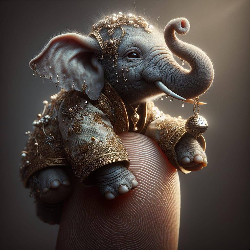 Tiny, Lifelike Elephant in Golden Jacket, Tears and Longing