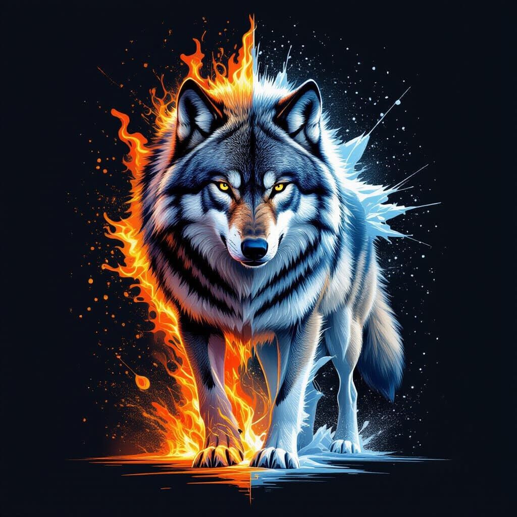 Fiery and Icy Wolf Double Exposure in Abstract Style