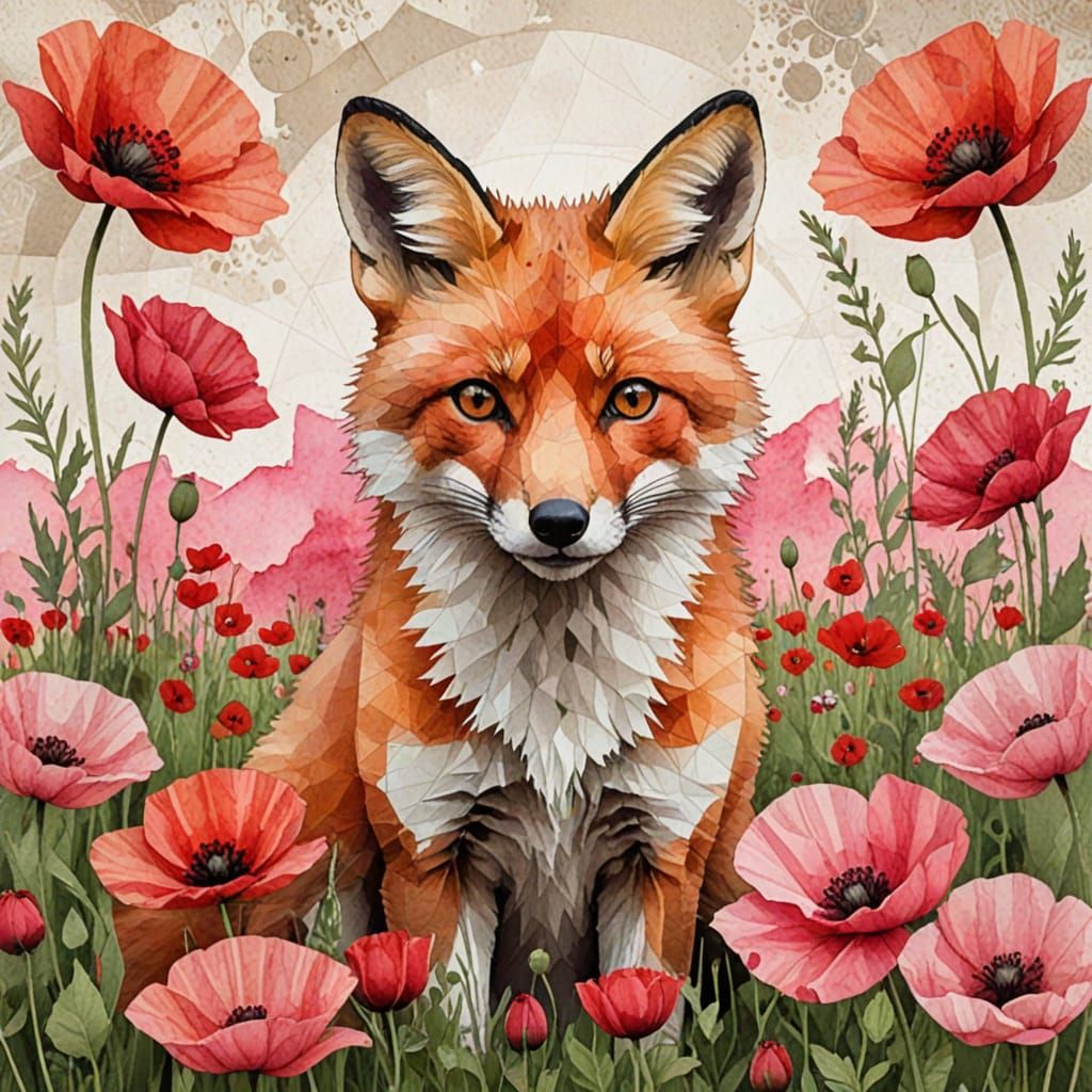 Fox in Poppy Field: Mixed Media Collage Illustration