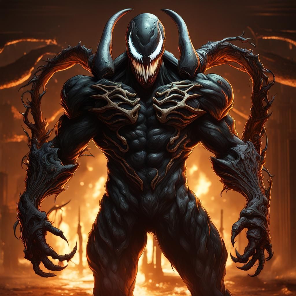 Doom-guy as Venom in Detailed Matte Painting