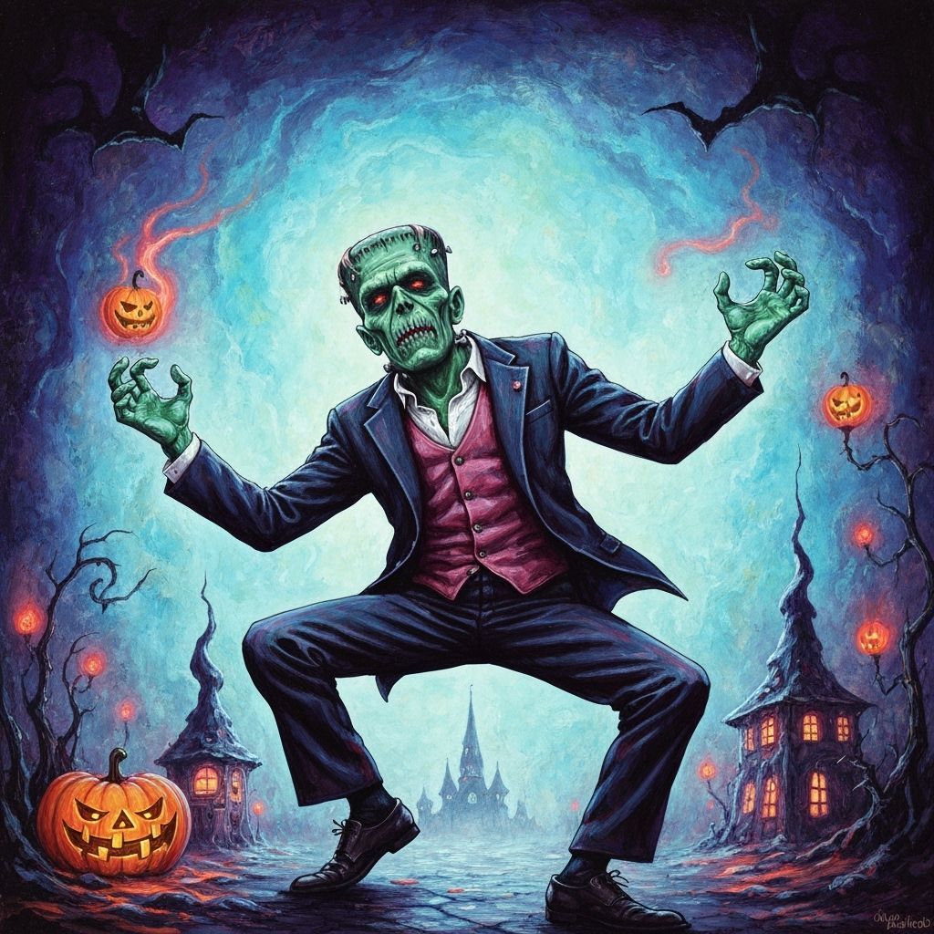 Frankenstein Breakdancing in a Vibrant Candyland