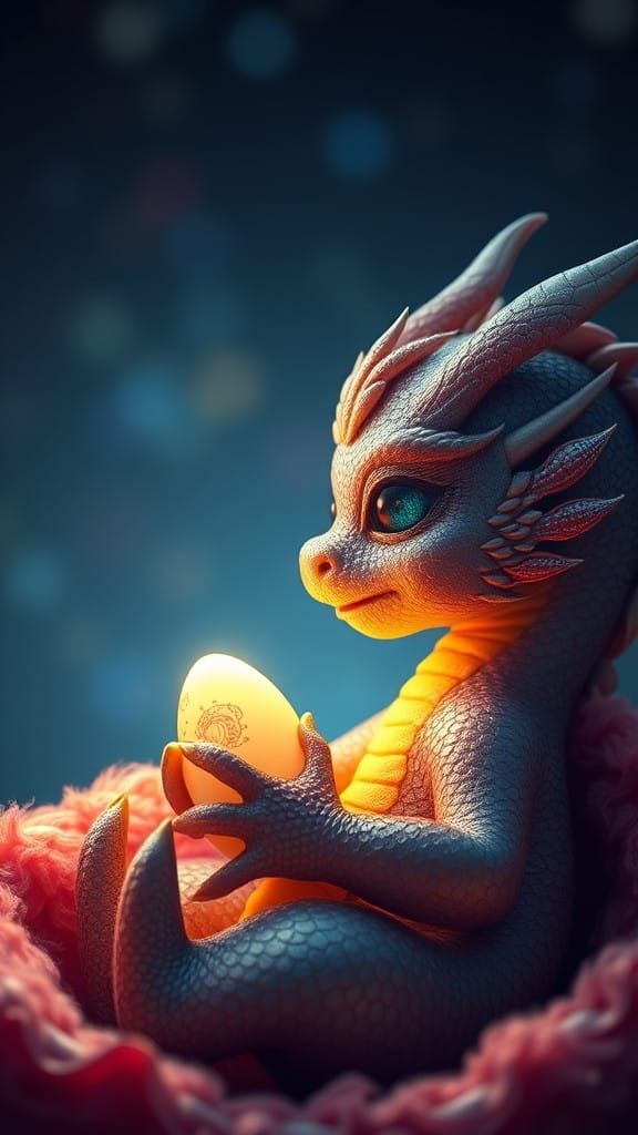 UM DRAGÃO BEBÊ SAINDO DO OVO E OLHANDO PARA A SUA MÃE DRAGÃO