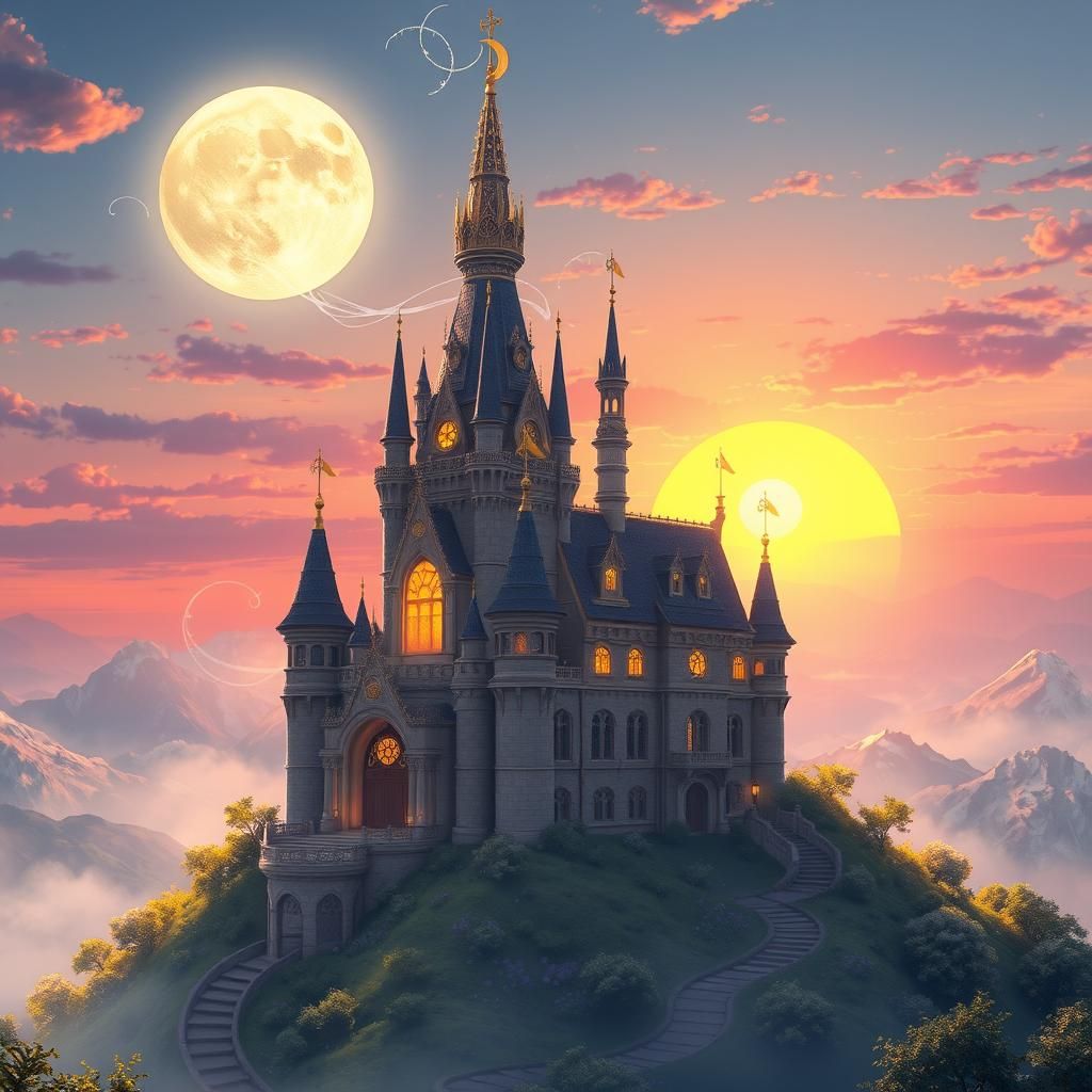 Enchanted Castle on Hilltop Under Moonlight