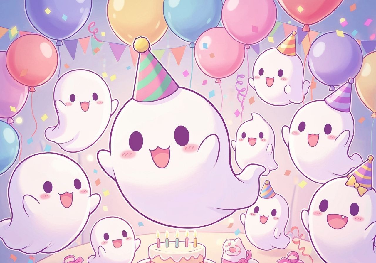 Adorable Chibi Ghosts Celebrate Birthday Party
