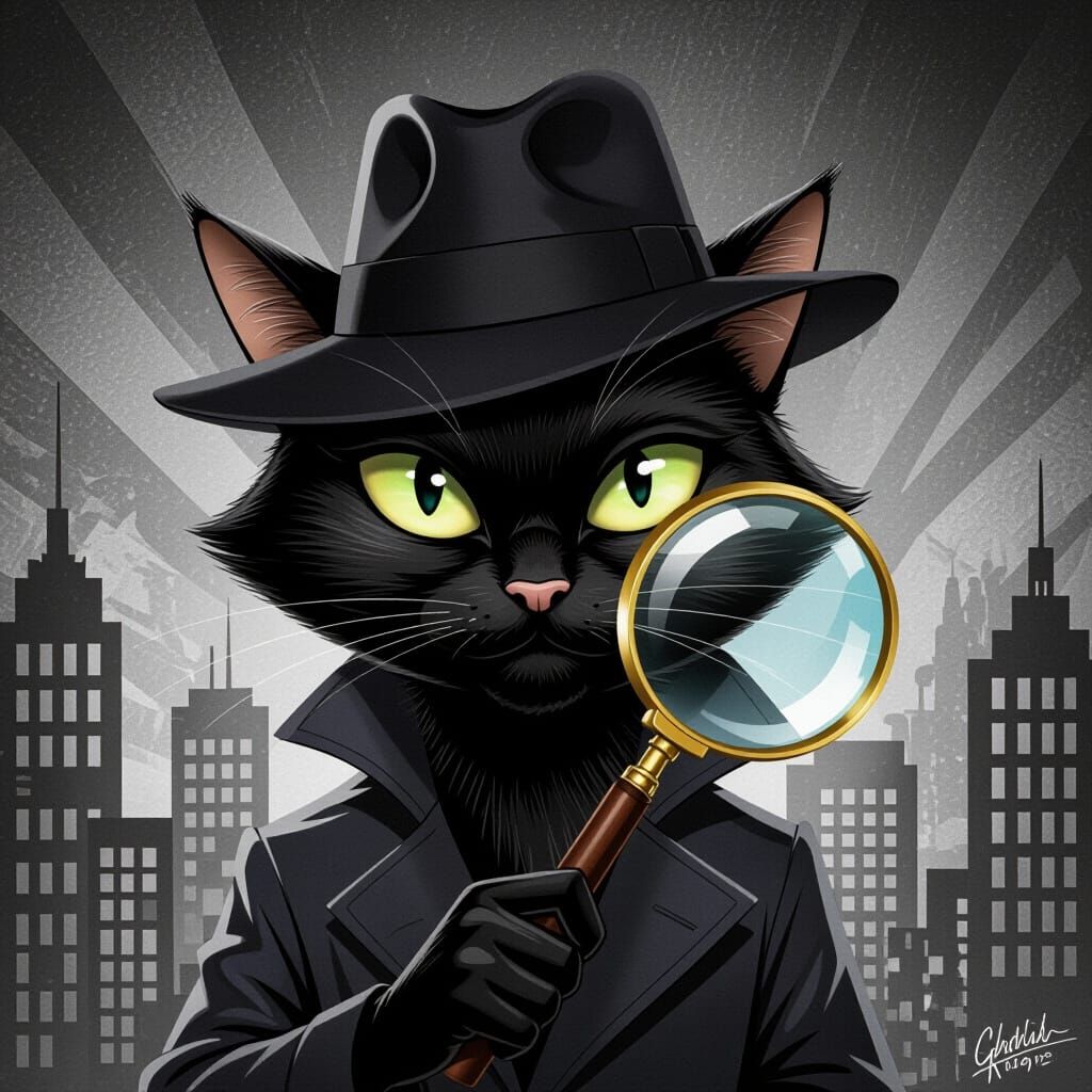 Anthropomorphic Cat Detective in Noir Cityscape