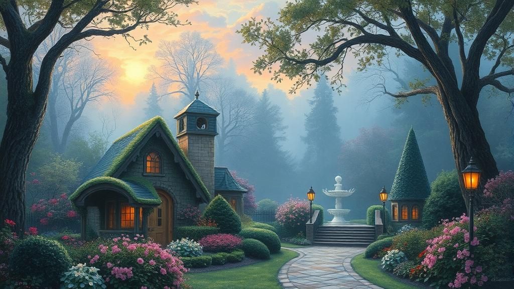 Synthwave Garden Oil Painting in Kinkade Style