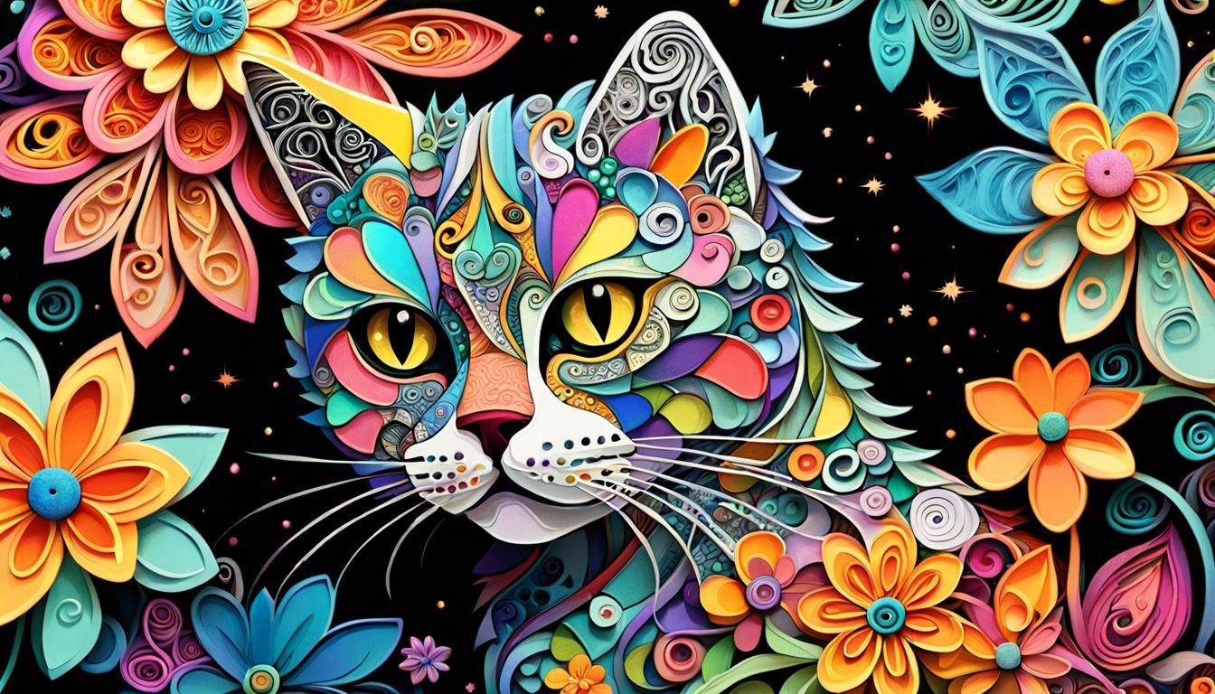 Colorful Whimsical Cat in Floral Zentangle Universe