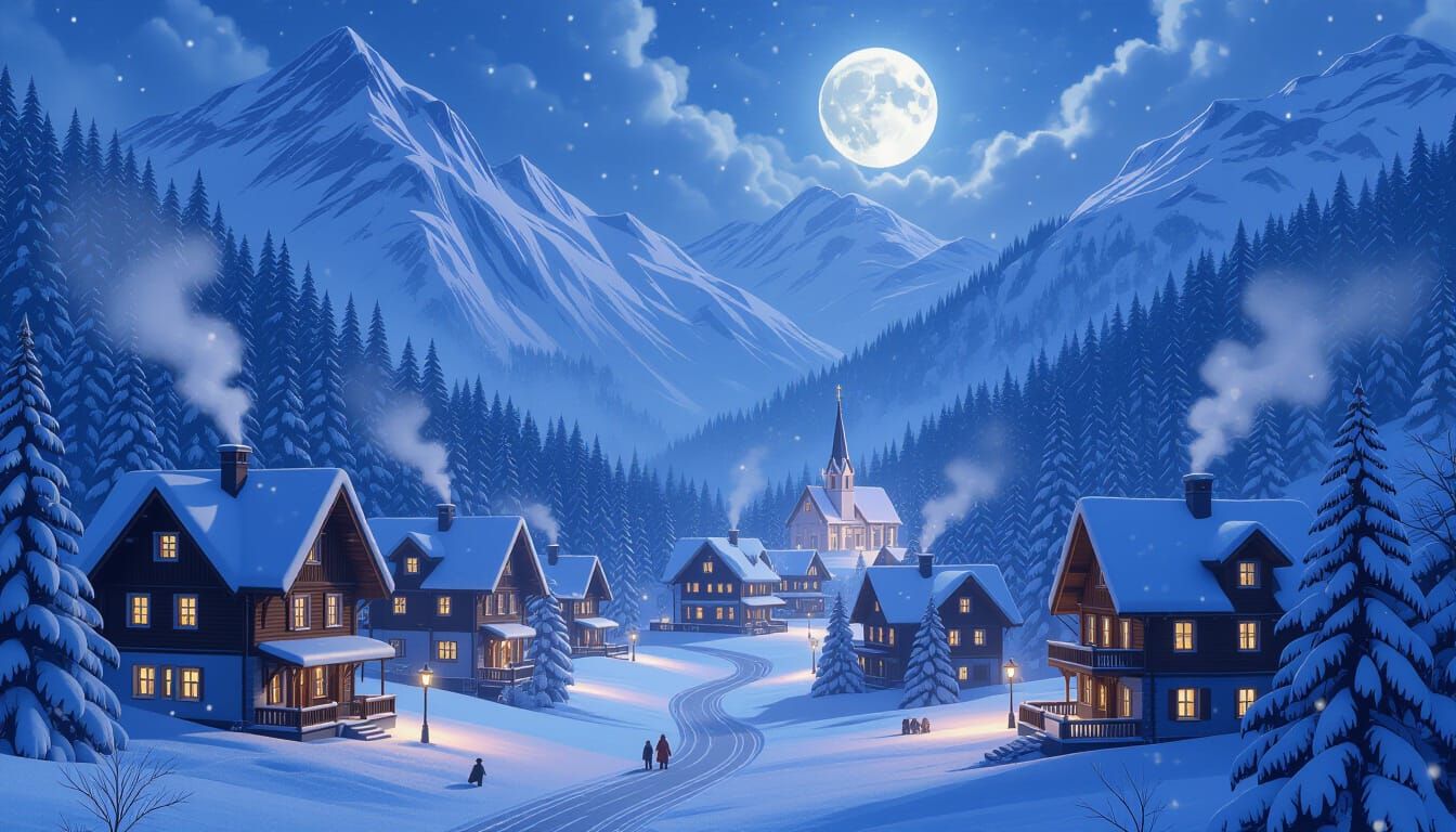 Magical Winter Village Under Moonlight, Fantasy Art