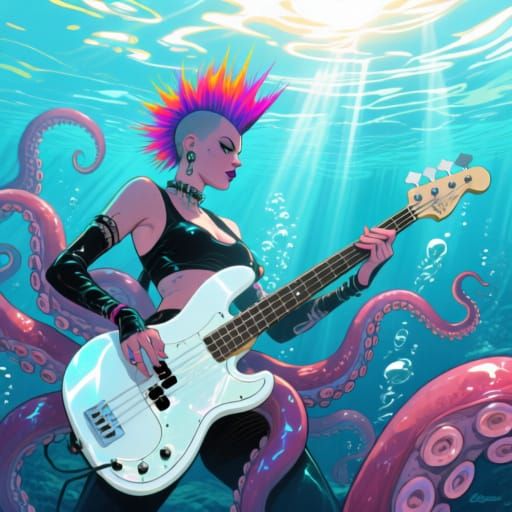 Punk Octopus Plays Bass Guitar Underwater in Digital Art Sty...