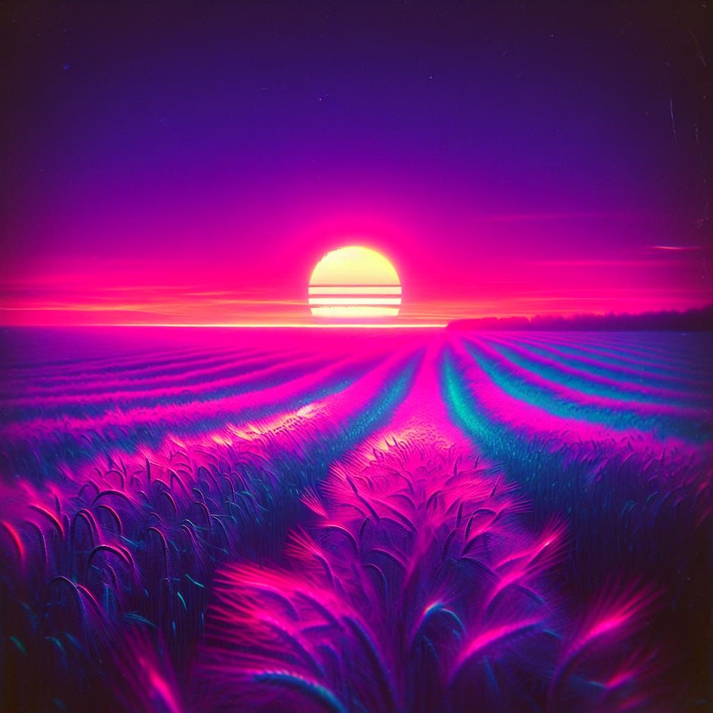 Nostalgic Purple Sunset Over Fabric Field in Synthwave Style