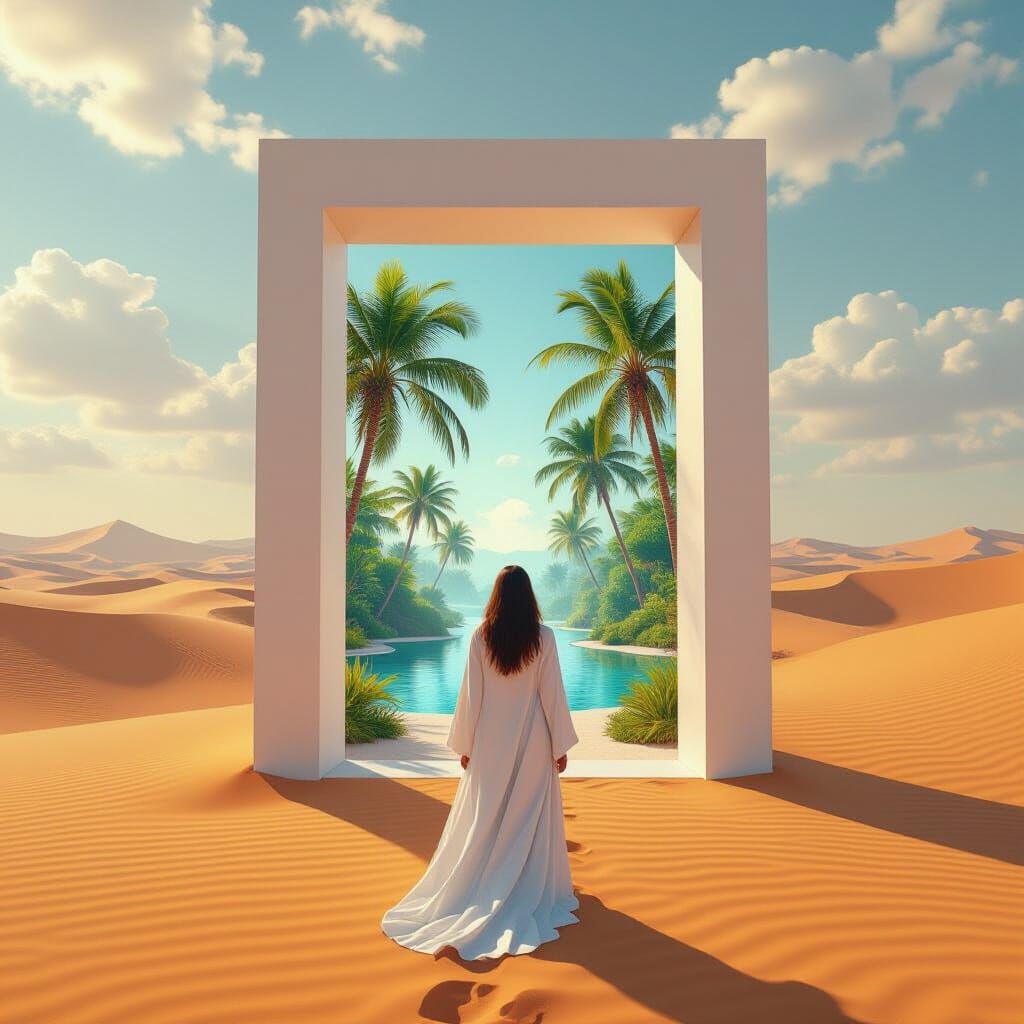 Oasis Portal in Arid Desert, Digital Art