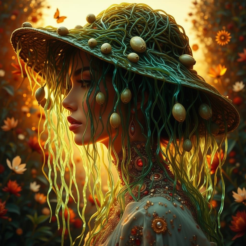 Woman's Face Hidden by Kelp Hat with Hanging Pods