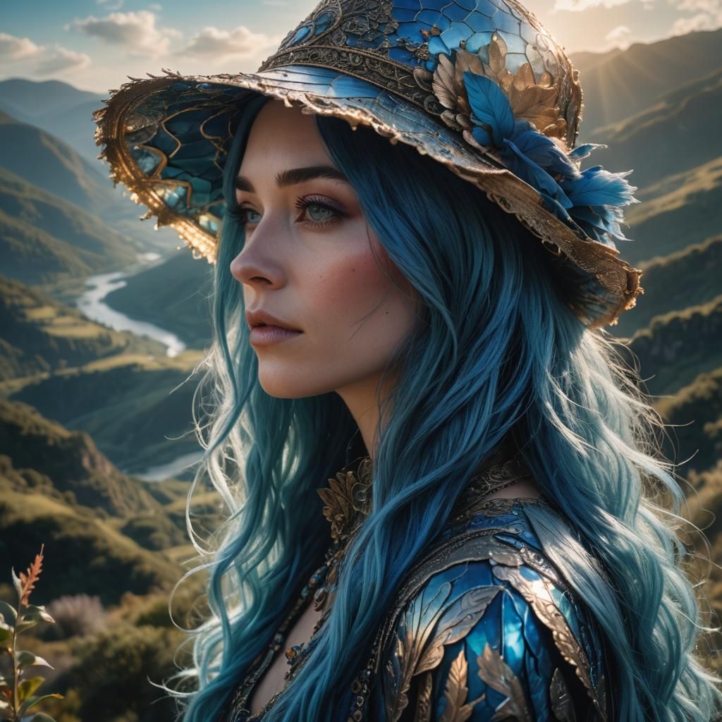 Blue-Haired Girl in Magical Hat: Hyperrealistic Portrait