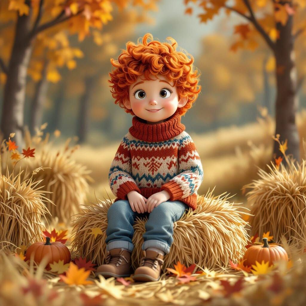 Whimsical Autumn Scene With Red-Haired Child on Hay Bale